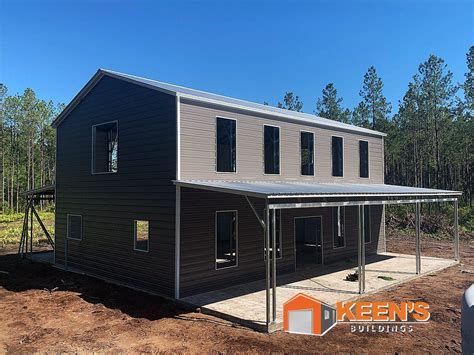 2 story house with porch with metal roofing|two story metal house interior.